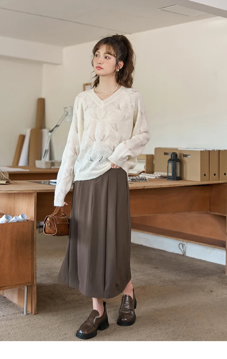 MISHOW Pleated Midi Skirt A-LINE Pockets Split Back Hem MXC42B0118