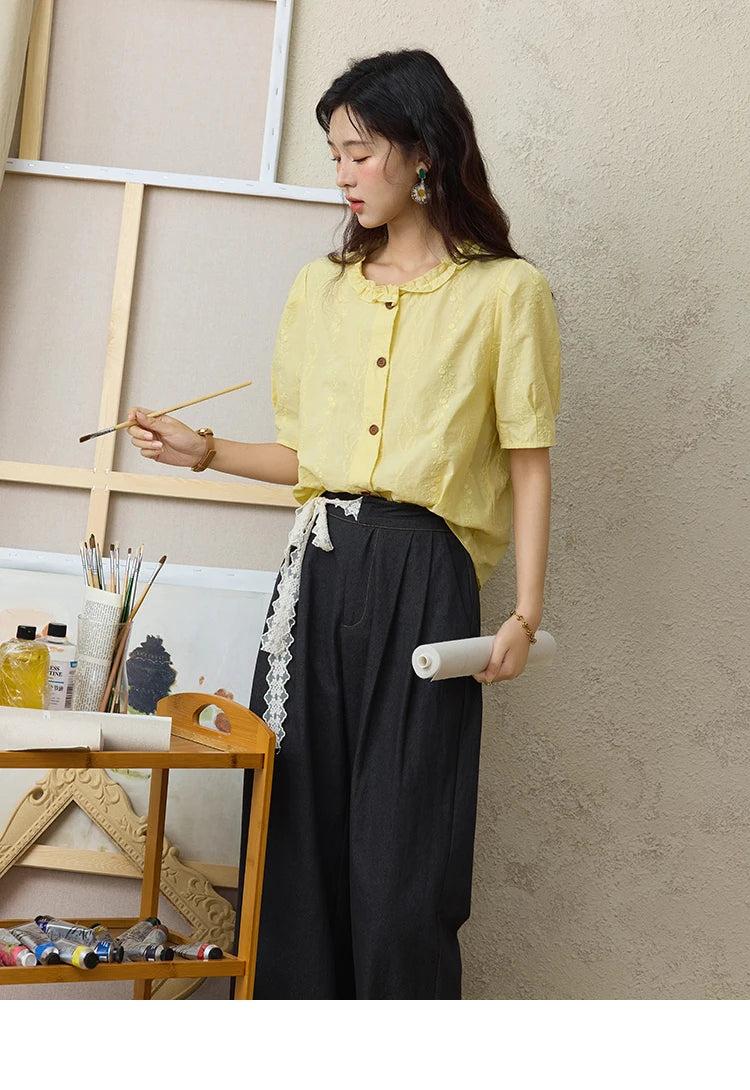 MISHOW 100% Cotton Puff Sleeve Shirt Round Neck Button MXE36X1873