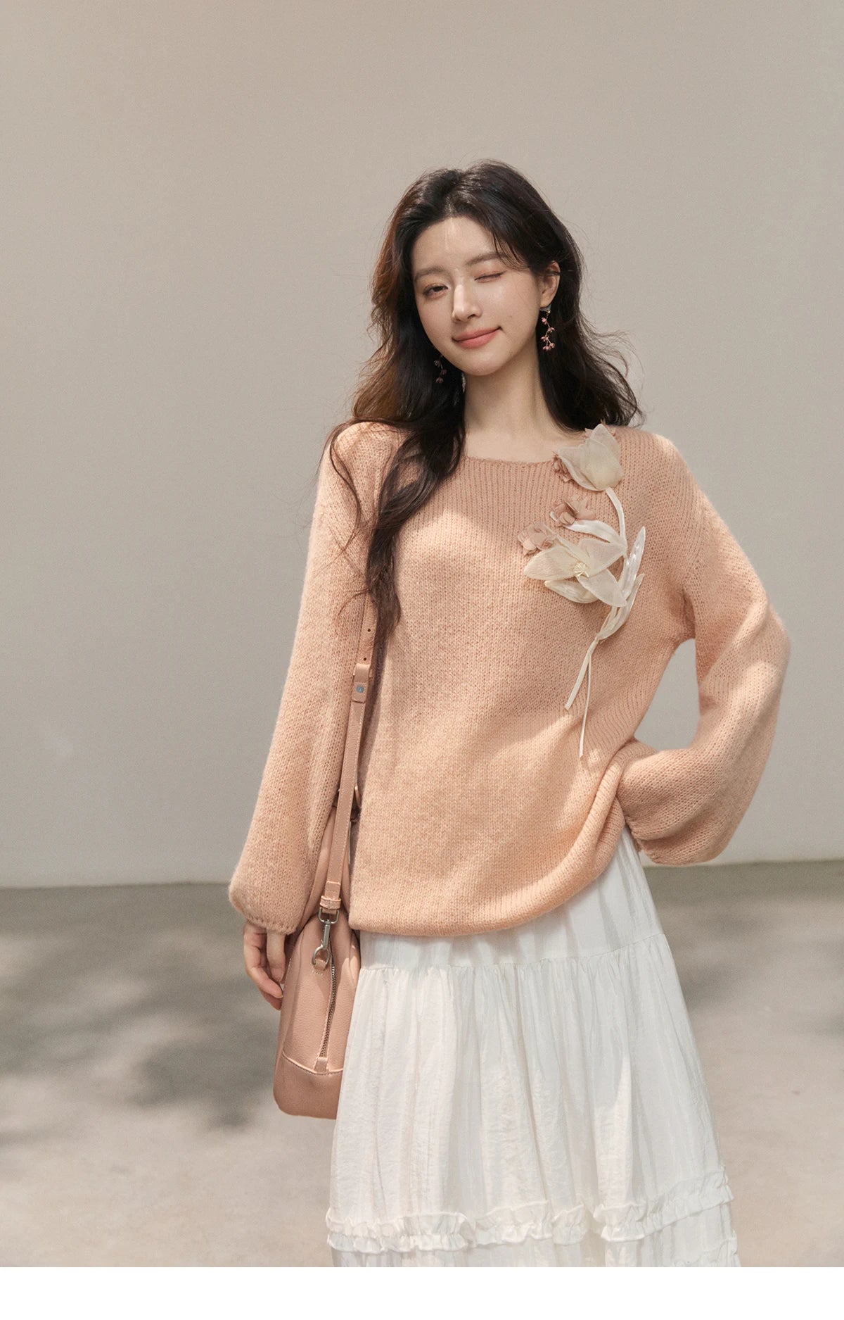 Mishow Pinkish Beige 3D Floral Applique Crew Neck Sweater MXE47Z2649