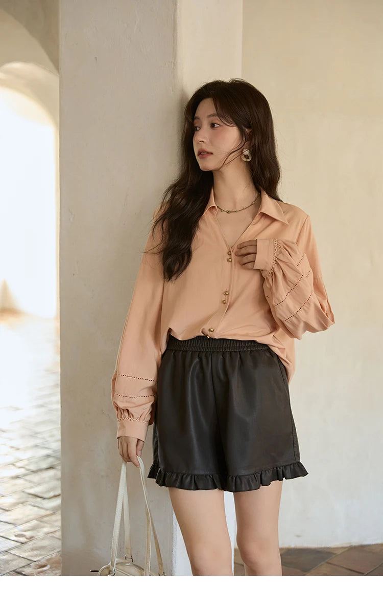 MISHOW Women's Lantern Sleeve Hollow Out Shirt Lapel Solid Top MXE41C2359