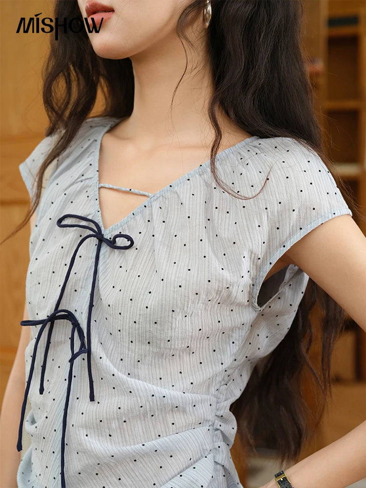 MISHOW V-Neck Bow Spliced Polka Dot Blouse Garment Sleeves MXE37X1909
