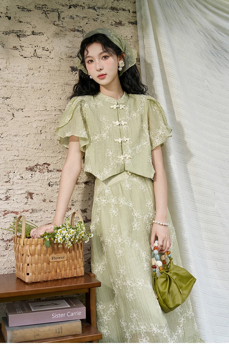 Mishow Chinese Green Stand Collar Top & Selvedge Skirt Set MXD22X1388