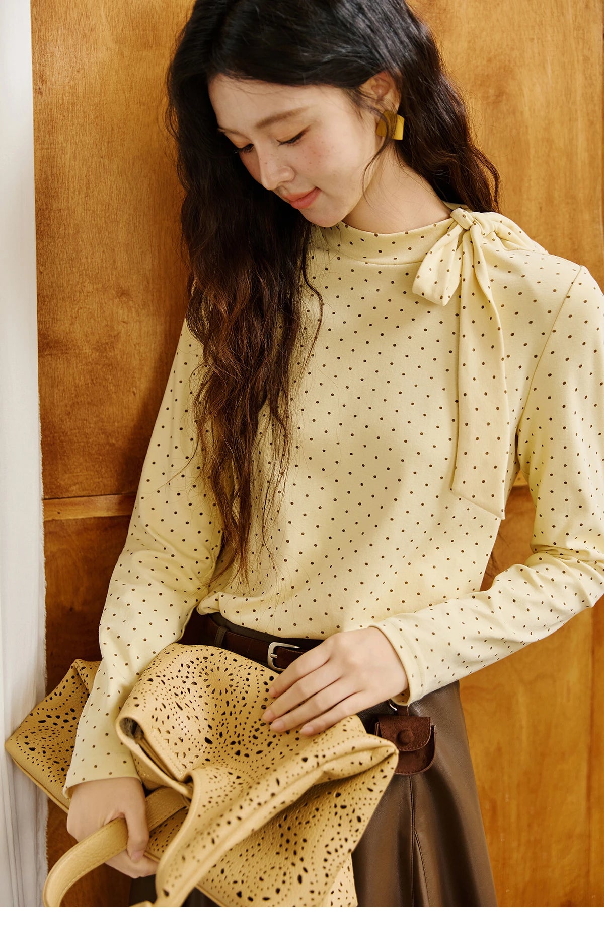 Mishow Yellow Polka Dot Lace Up Collar Pullover MXE45Z1379