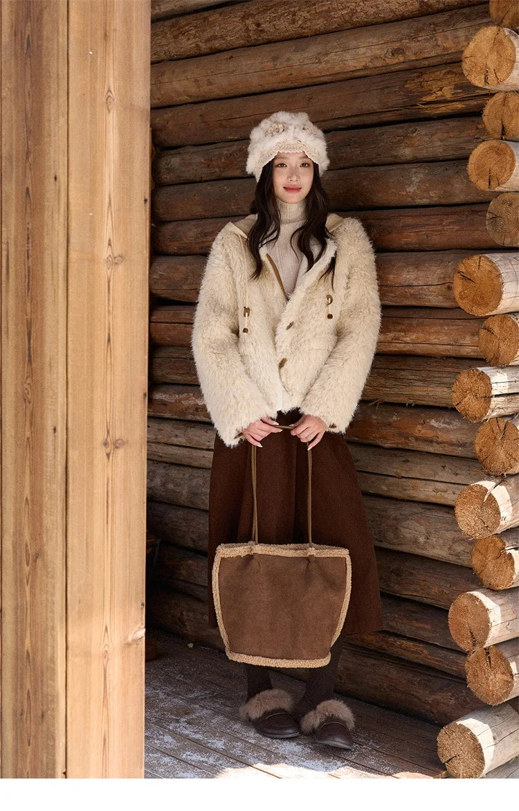 MISHOW Beige Knitted Hooded Plush Coat Warm Windproof MXE86W0908