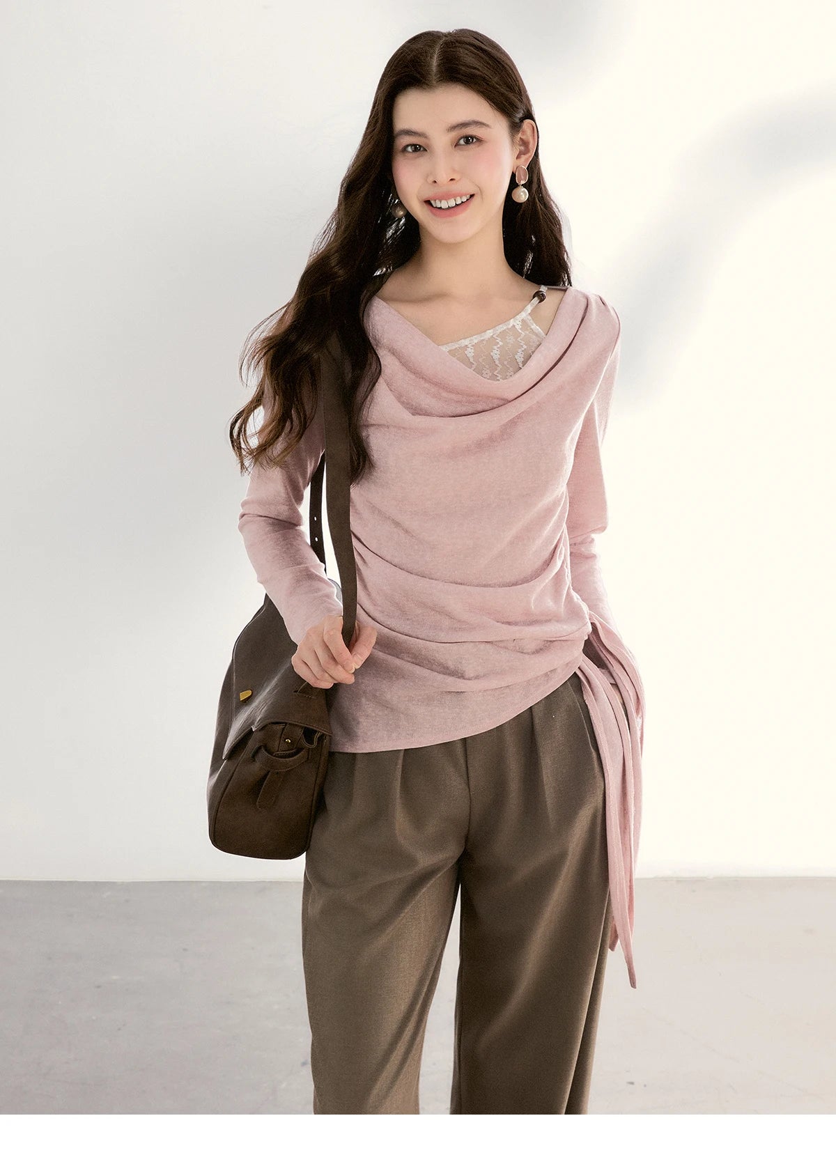 Mishow Lace Trim Draped Neck Side Tie Top MXF13Z2995