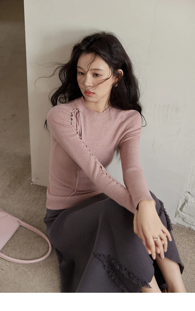 Mishow Hollow Tie Design Bottoming Knit Sweater MXD45Z0766