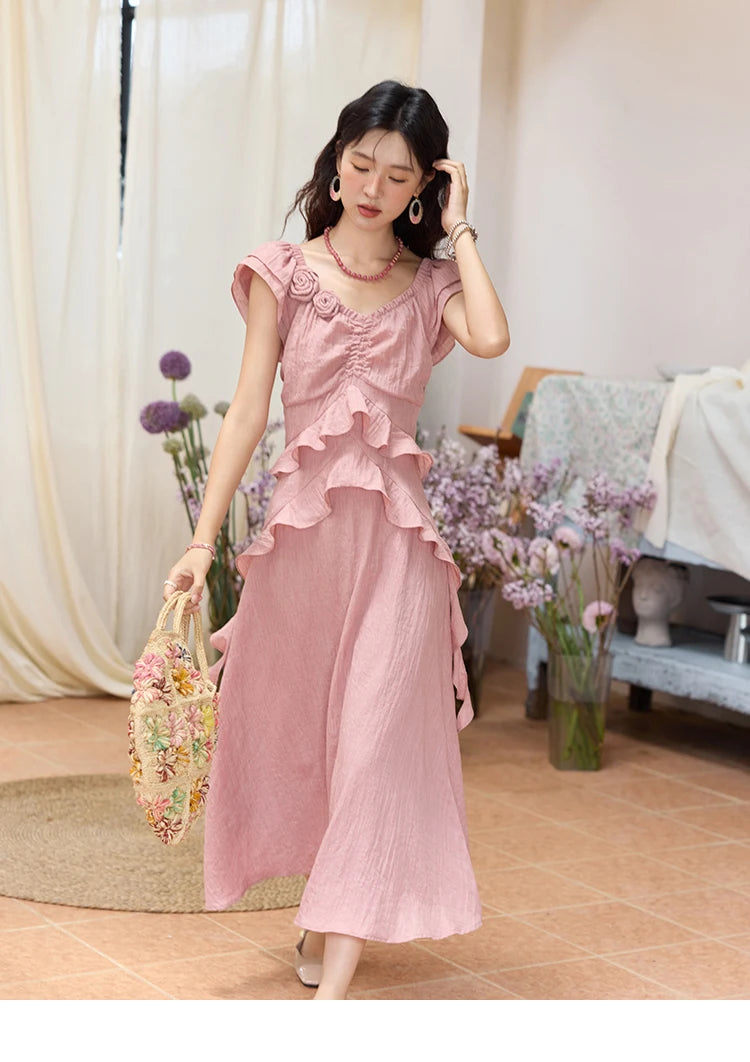 Mishow Flower Flying Sleeve V-Neck Pink Dress MXE34L2243