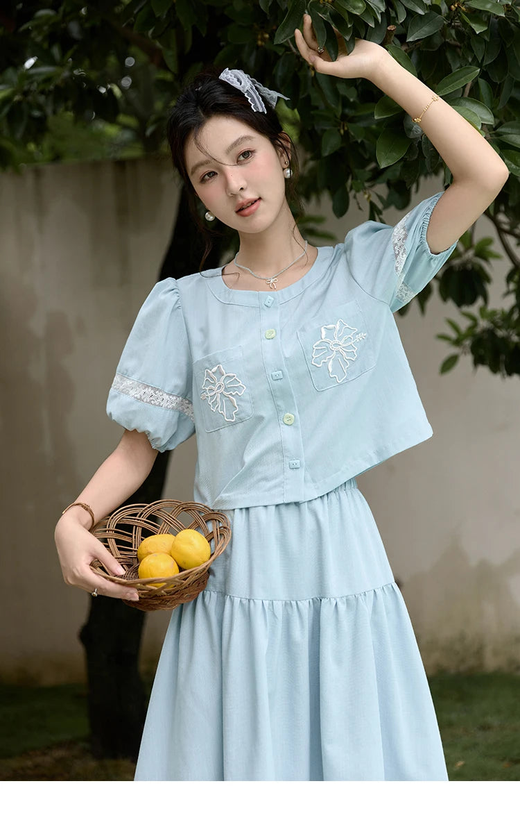 MISHOW Blue Lace Patchwork Top Elastic Waist Skirt Set MPD22B0450