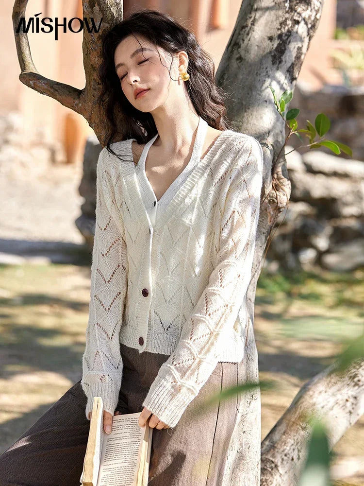 Mishow French Diamond Plaid V-Neck Hollow Cardigan MXE11Z1198