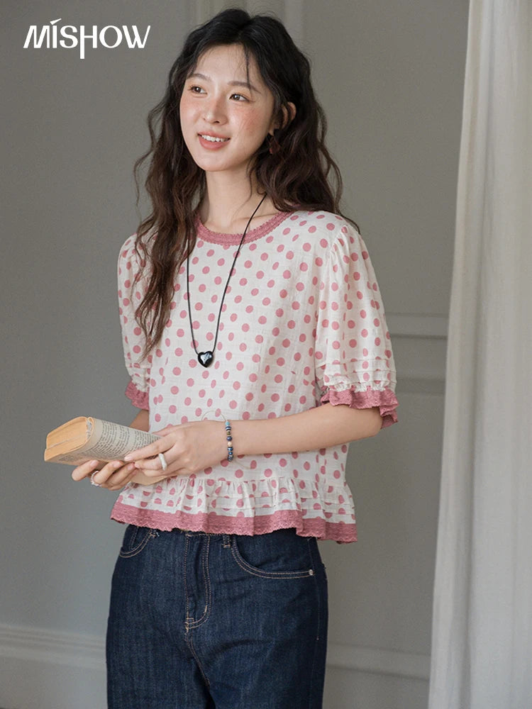 MISHOW Pink Polka Dot Puff Sleeve Blouse MXE37X1900