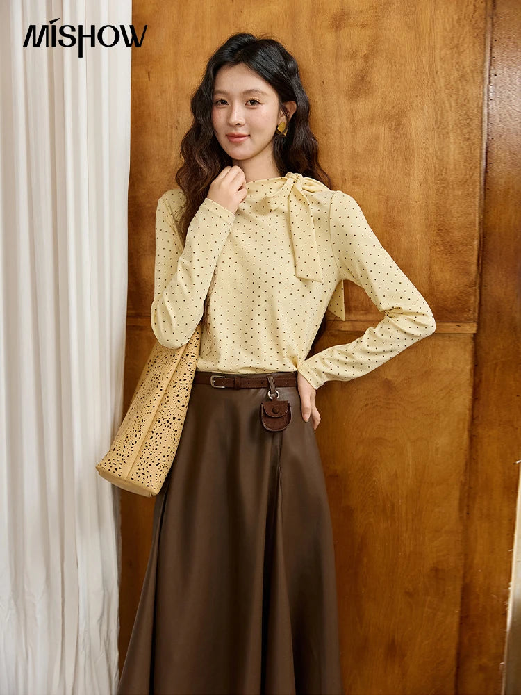 Mishow Yellow Polka Dot Lace Up Collar Pullover MXE45Z1379