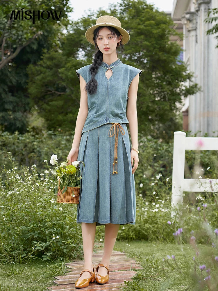 Mishow Chinese Stand Collar Vest & Pleated Denim Skirt Set MXD21X1465
