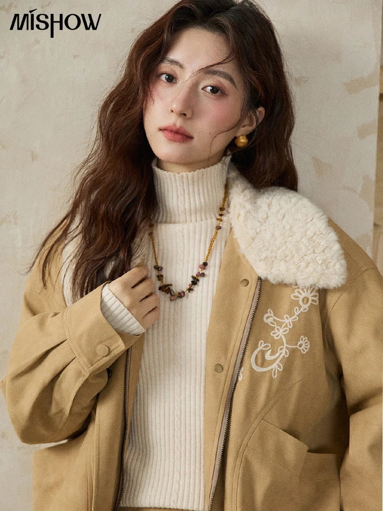 Mishow French Yellow Floral Embroidered Plush Zip-Up Coat MXE87W0932