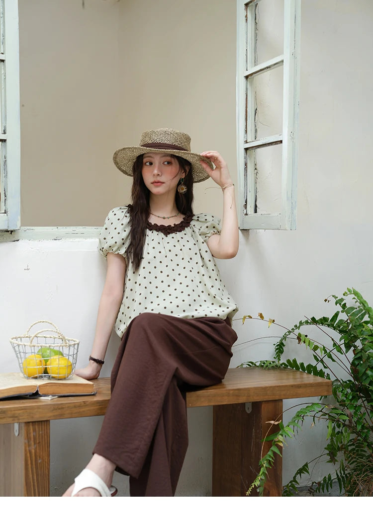 Mishow Polka Dot Puff Sleeve Top & Wide Leg Pants Set MXE39T0657