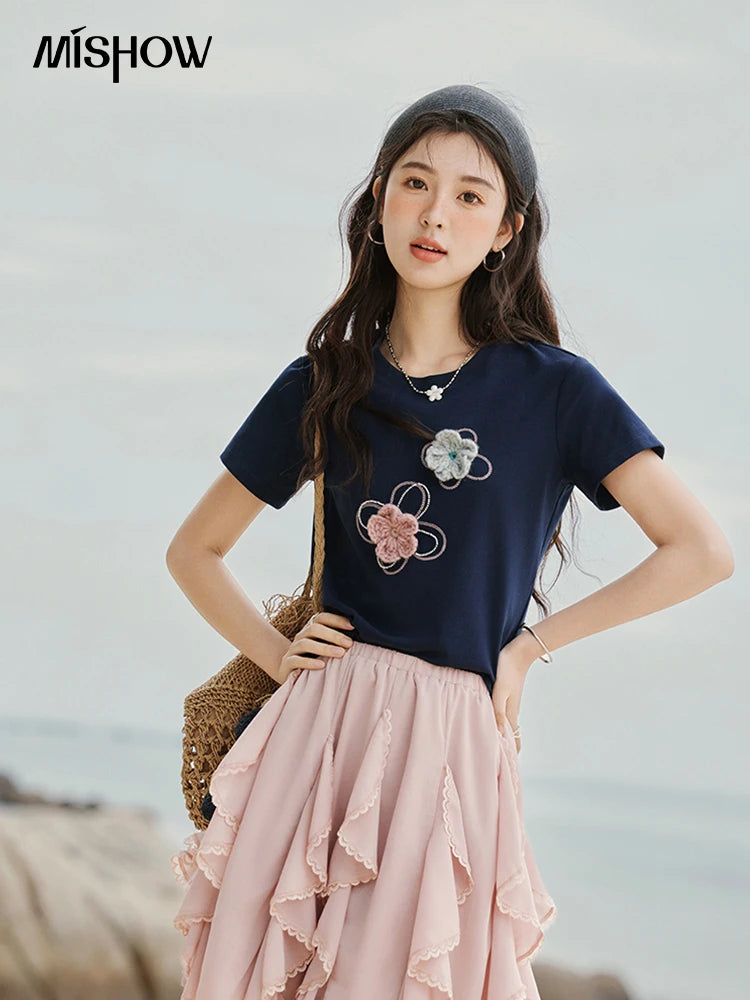Mishow Flower Beaded Round Neck Tee MXE33T0499