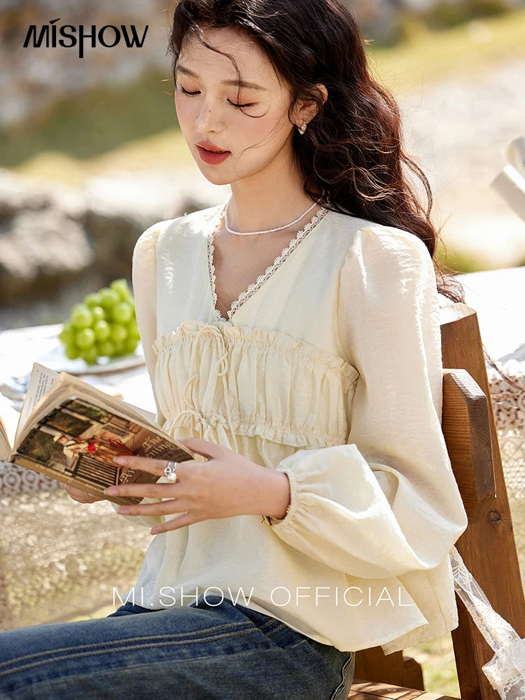MISHOW Jacquard Lace V-Neck Blouse Ruffled Wavy Puff Sleeve MXE12C0397