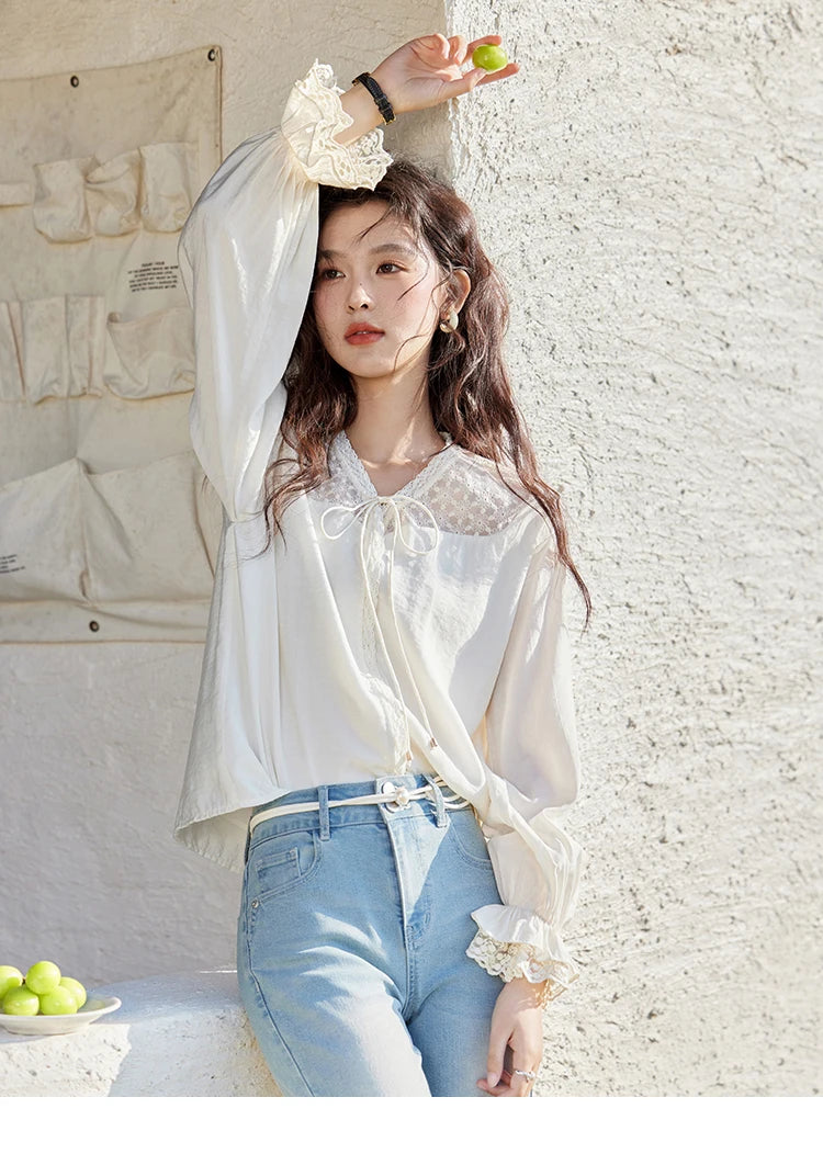 MISHOW Lace Patchwork Shirt V-Neck Fungus Edge Petal Sleeve MXE13X1713