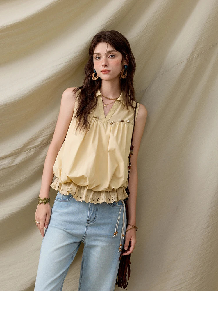 MISHOW Sleeveless Blouse Turn-Down Collar Hollow Lace MXE31X1760