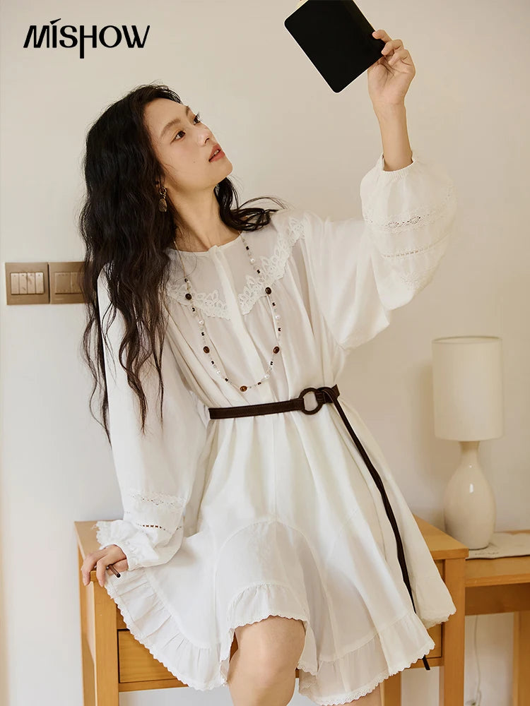 Mishow French O-Neck Lace Ruffled Lantern Sleeve Dress MXE46L2519