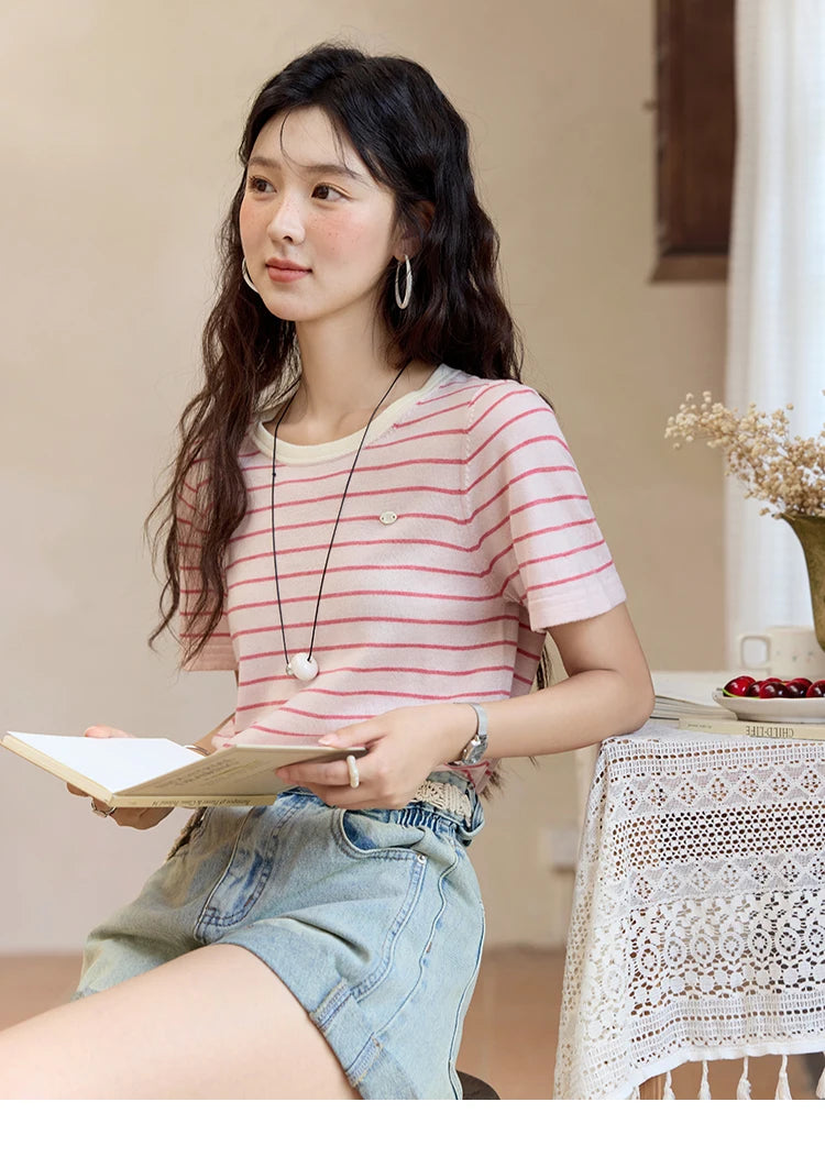 Mishow Striped Contrast Round Neck Tee MXE35Z1270