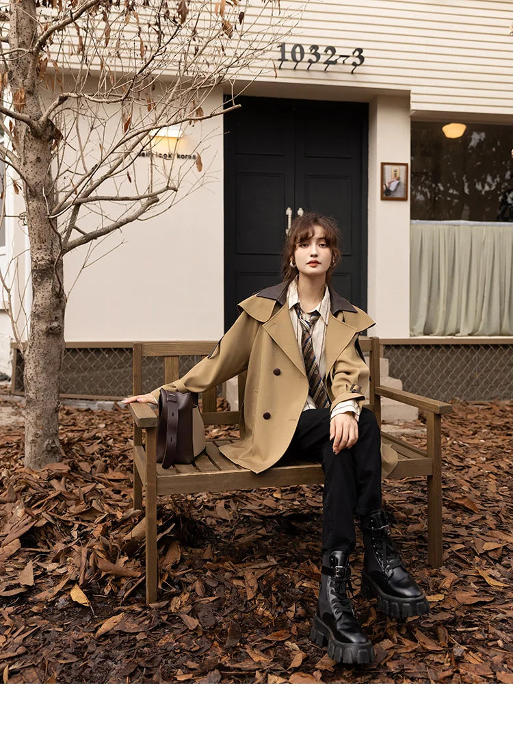 Mishow Polo Collar Patchwork Long Trench Coat MXB33W0399