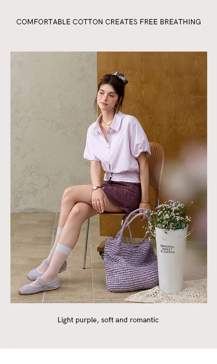 MISHOW Purple Cotton Blouse Turn-Down Collar Short Sleeve MXE32X1794