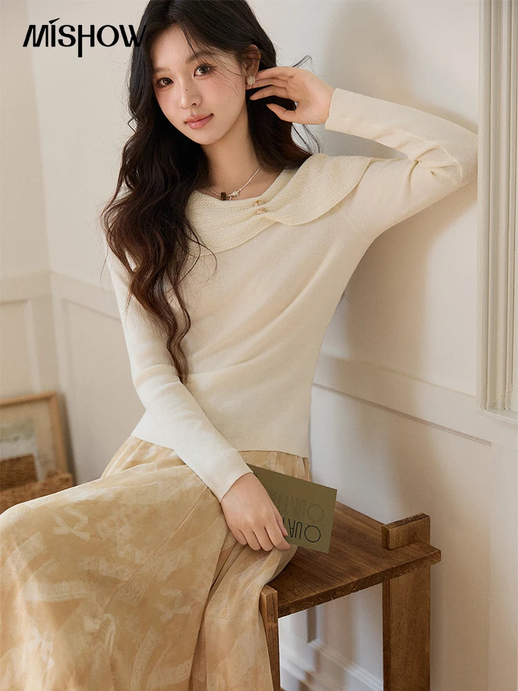Mishow Beige Asymmetrical Collar Wool Sweater MXF11Z2918