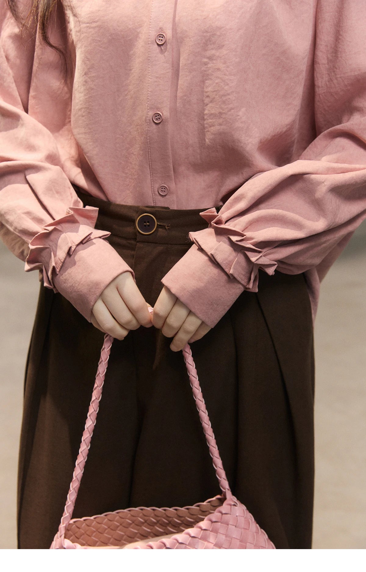 MISHOW Peach Skin Solid Shirt Ruffled Crew Neck MXF11C2431