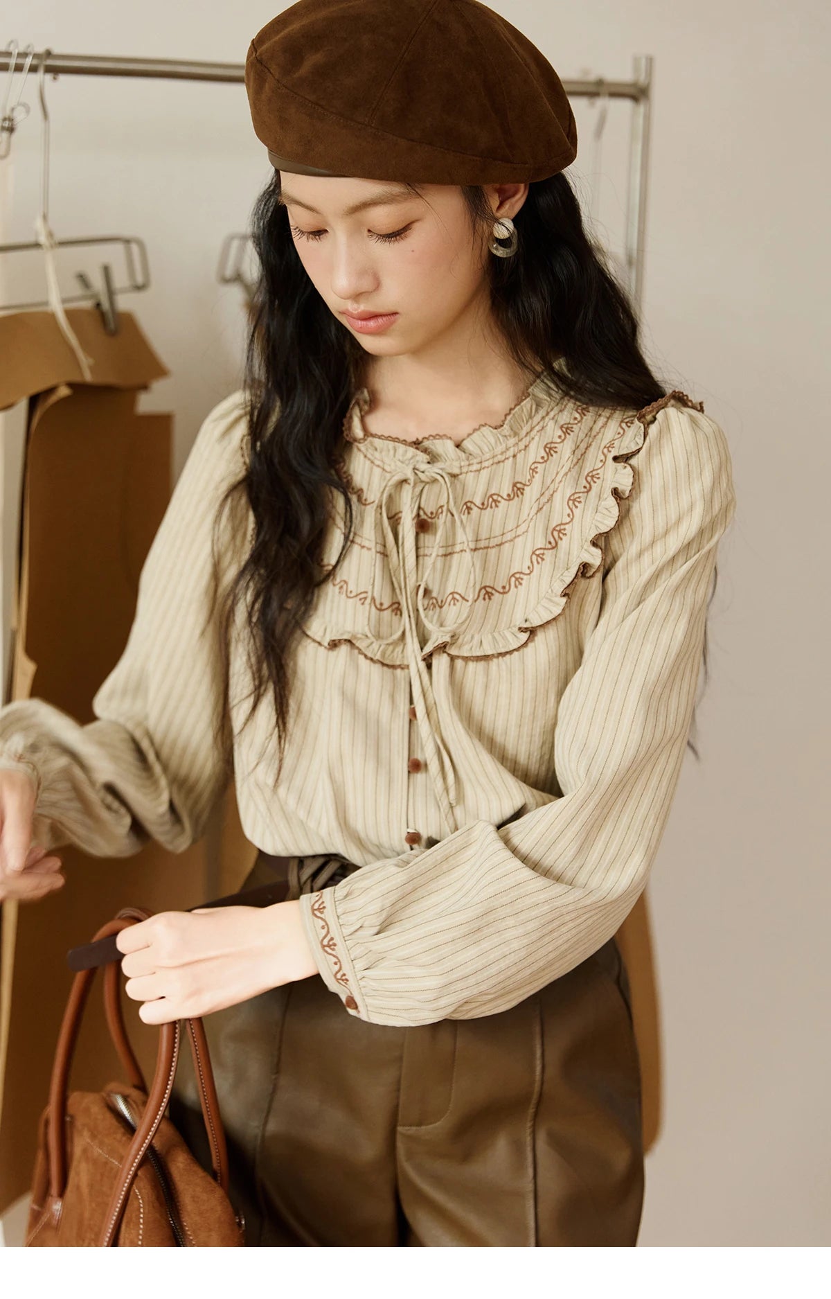 MISHOW Striped Shirt Wood Ear Edge Round Neck Embroidery MXE46X2492