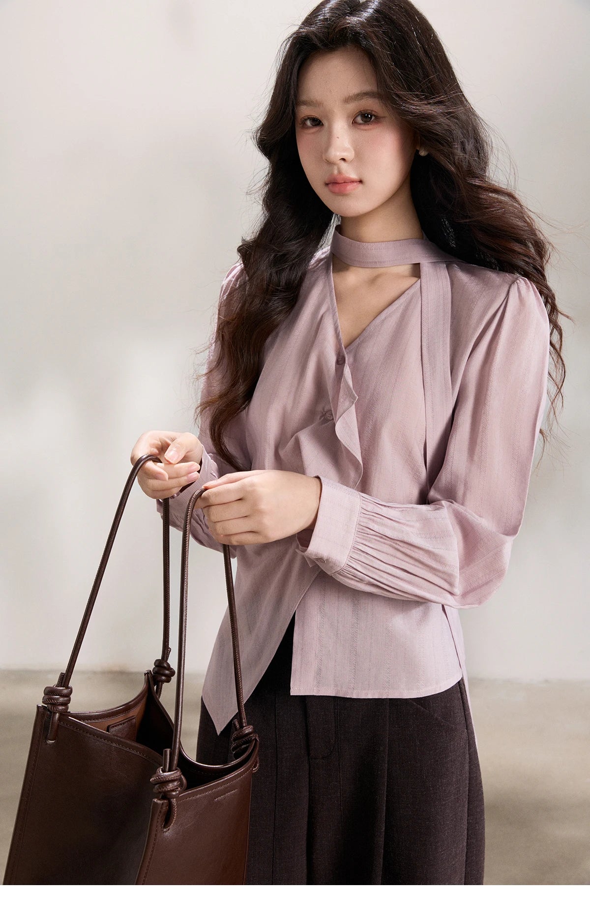 MISHOW Women's Purple Ribbon V-Neck Ruffled Shirt MXF13X2527