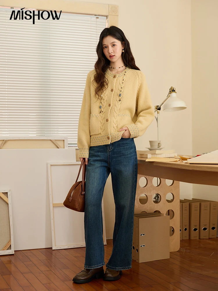 Mishow Yellow Cable Knit Hand-Drawstring Cardigan MXE47Z2566