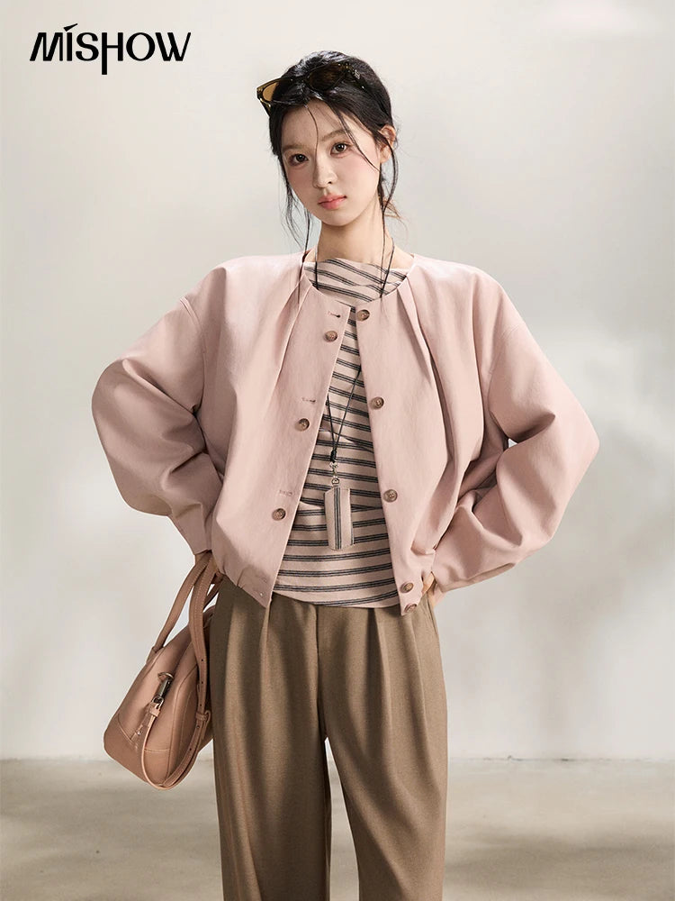 MISHOW Pink Flower Bud Leather Jacket Crew Neck Single-Breasted MXF108W1001