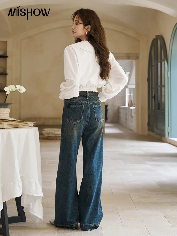 Mishow American Retro Wide Leg Jeans with Tassel Hem MXD12K0538