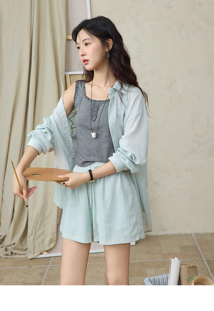 Mishow Long Sleeve Shirt & Tank Top & Pocket Shorts 3-Piece Set MXE36T0639
