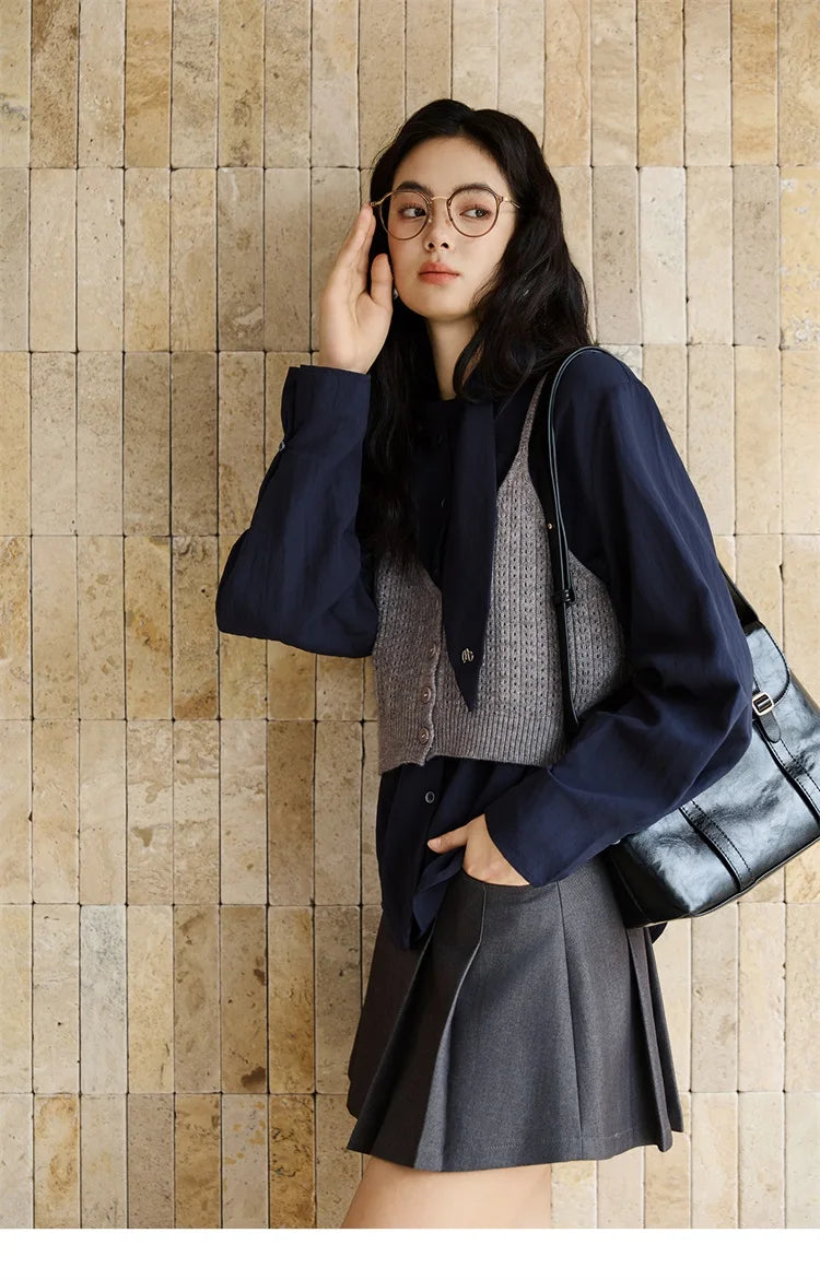 MISHOW Navy Ribbon Layered Shirt Knit Camisole Two-Piece Set MXE47T1412