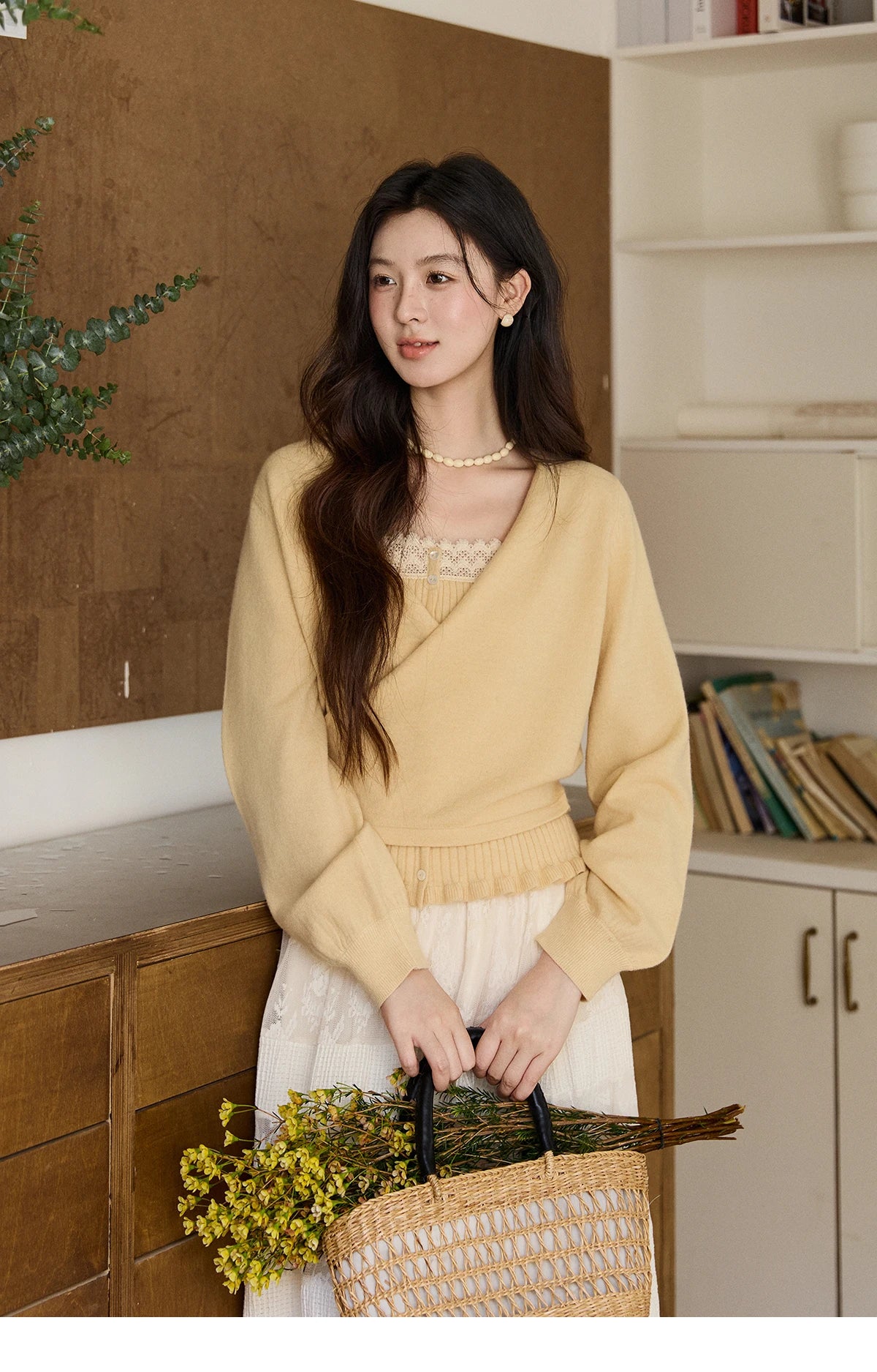 Mishow Yellow Ruffled Camisole & Lace Cardigan Set MXF11T1472