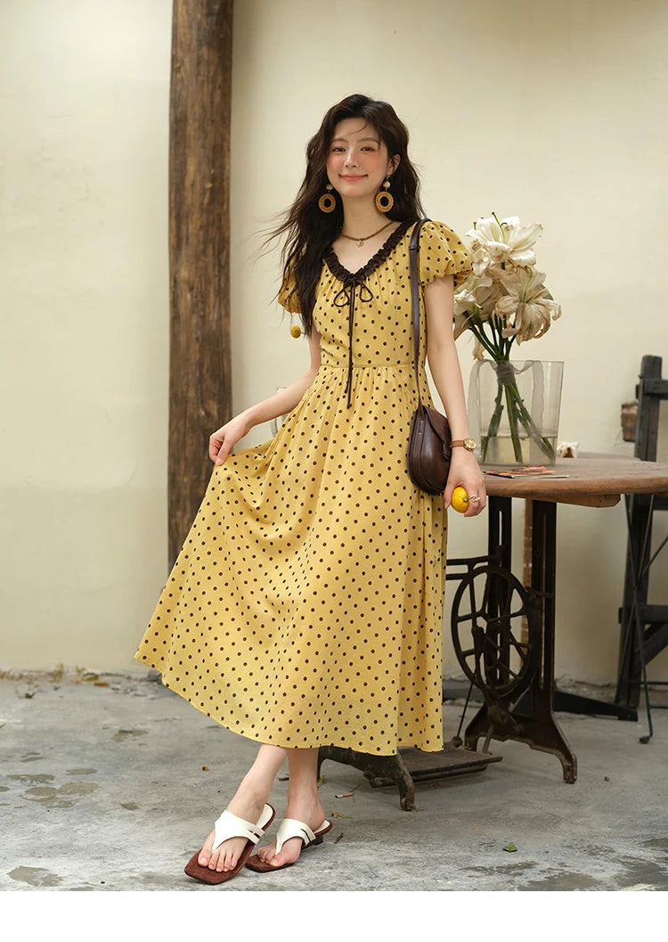 Mishow Polka Dot V-Neck Lace Up Puff Sleeve Dress MXE39L2326