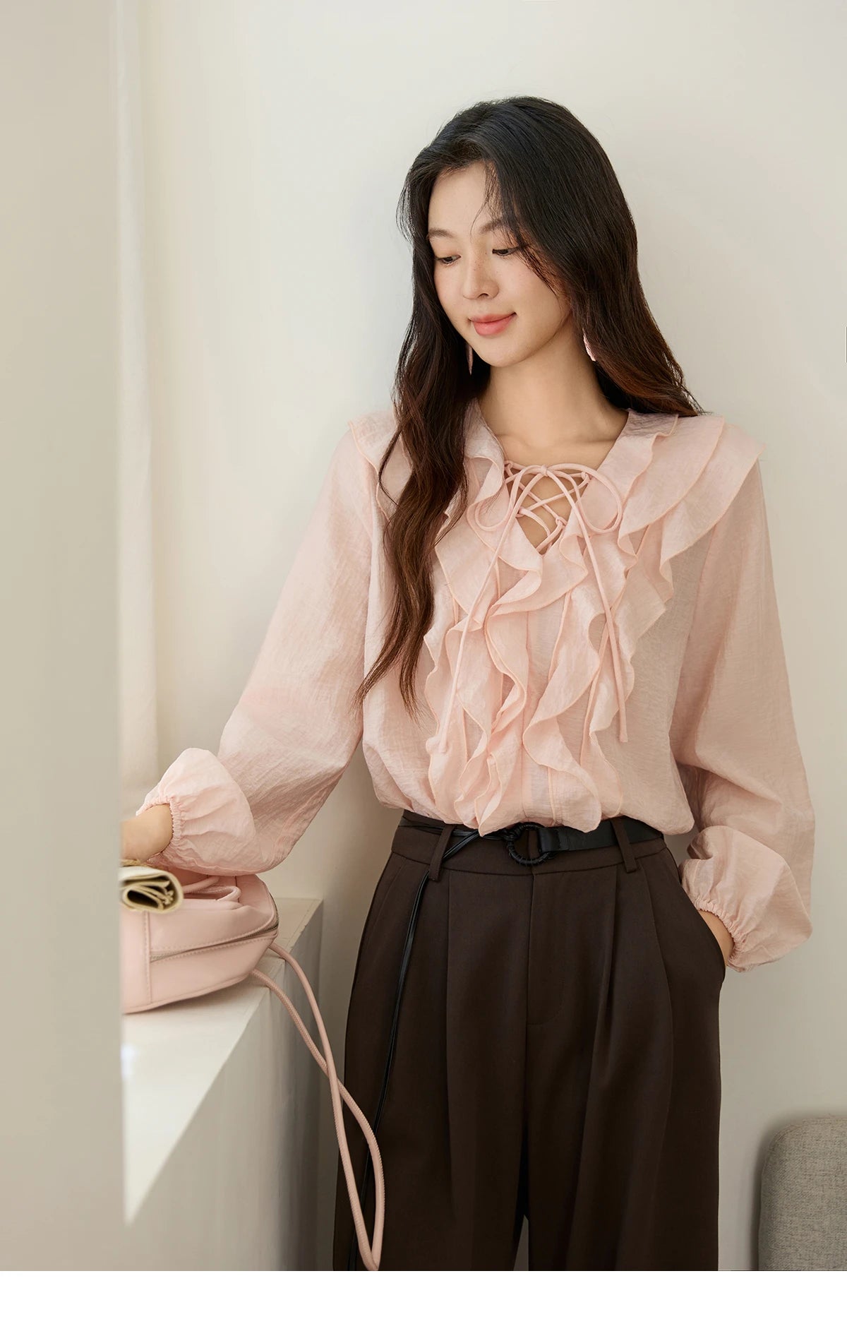 MISHOW Pink Ruffled Blouse V-Neck Lace Up Lantern Sleeve MXE49X2504