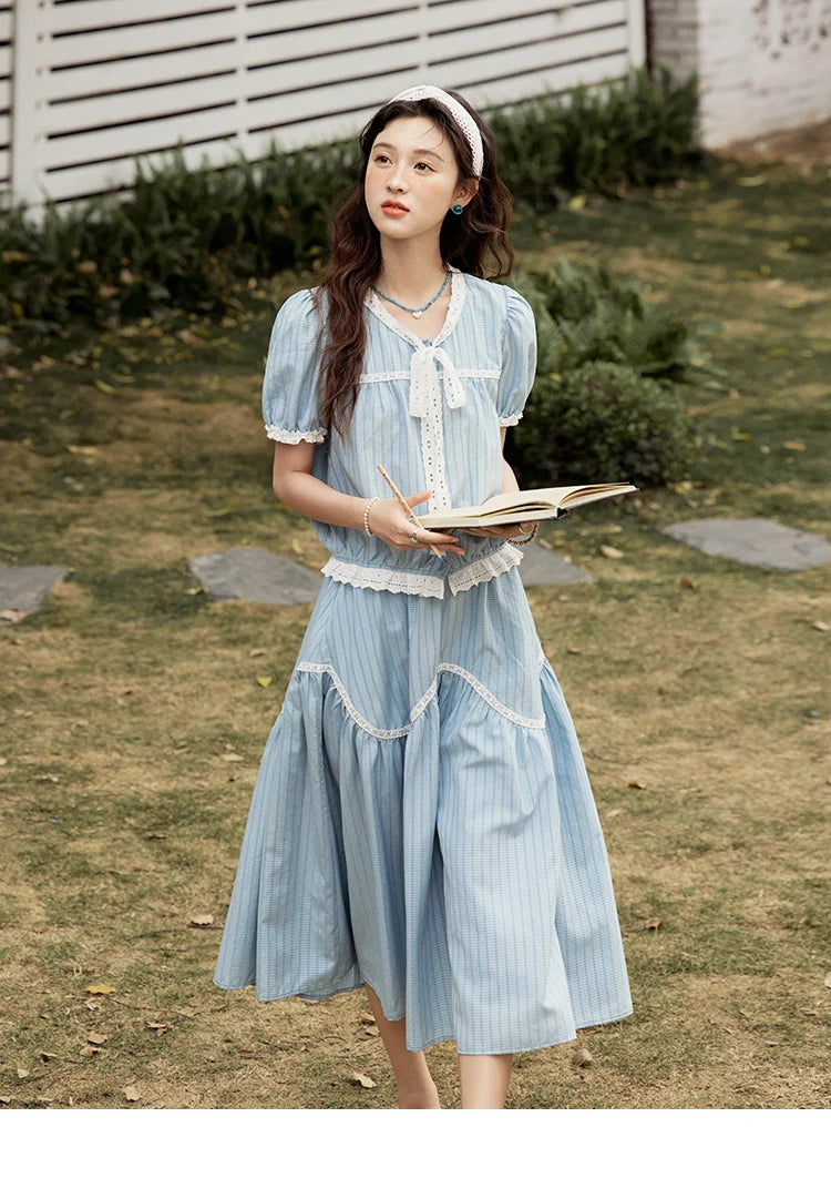 Mishow Blue Stripe V-Neck Top & A-Line Skirt Set MXE31T0531