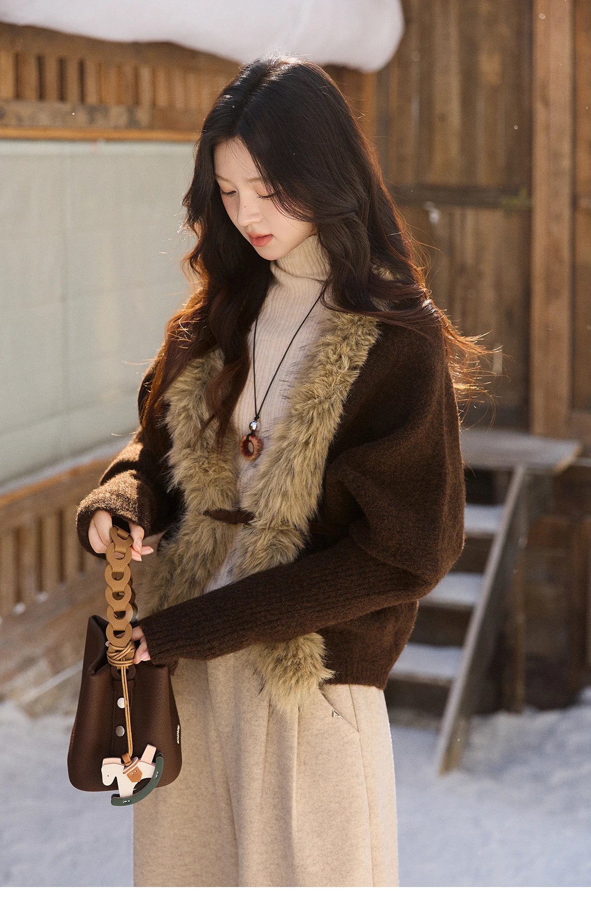 MISHOW Brown Knitted Cardigan Faux Fur Collar Batwing Sleeve MXE94Z2954