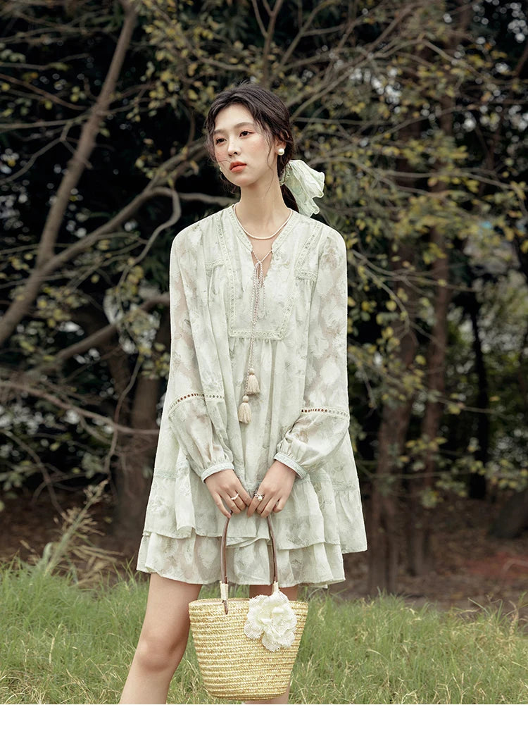 Mishow Floral V-Neck Tassel Lantern Sleeve Dress MXE15L2121