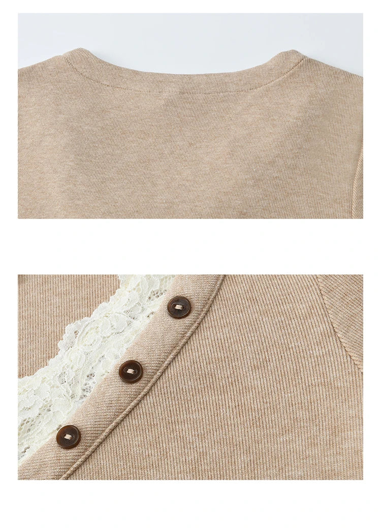 Mishow V-Neck Lace Trim Knit Top MXE86Z2673
