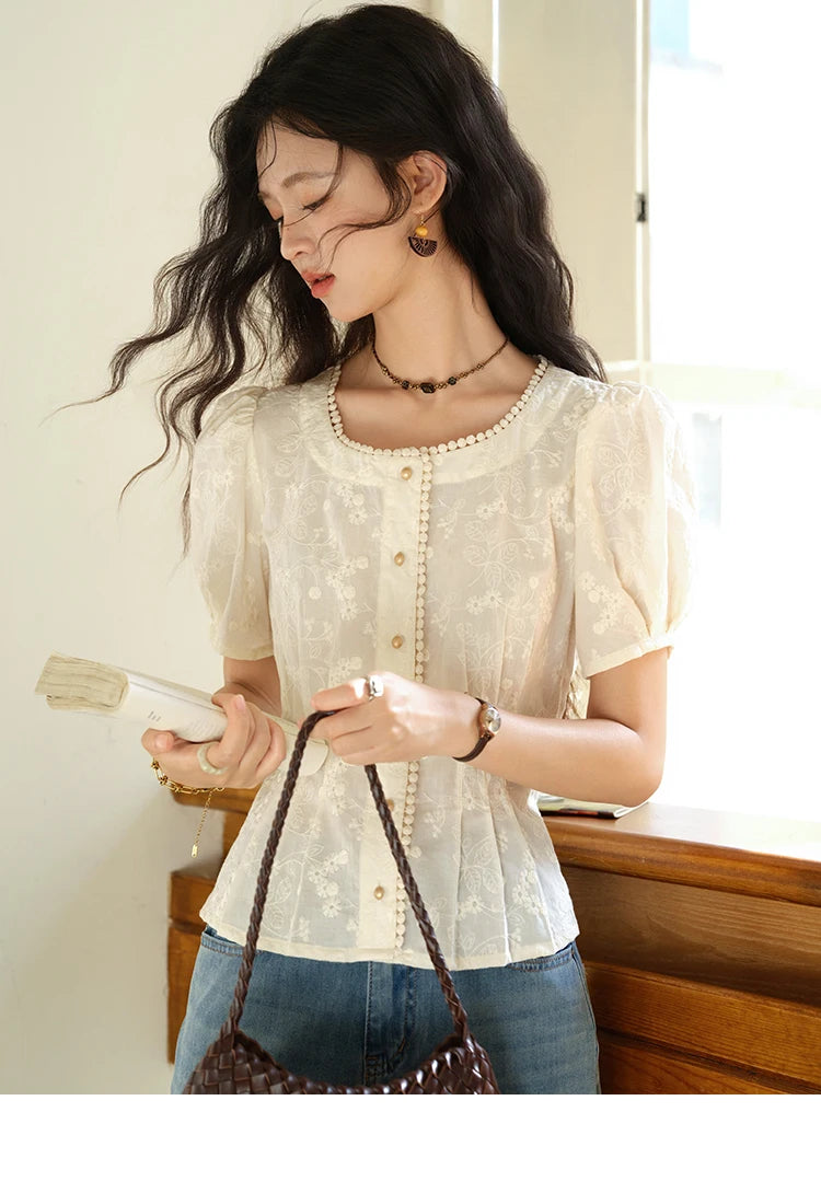 MISHOW Embroidery Cotton Shirt Puff Sleeve Button MXE39X1979