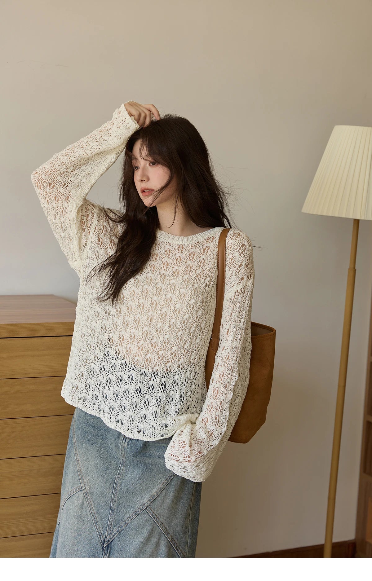 Mishow Hollow Jacquard Dropped Sleeve Sweater MXE43Z1360