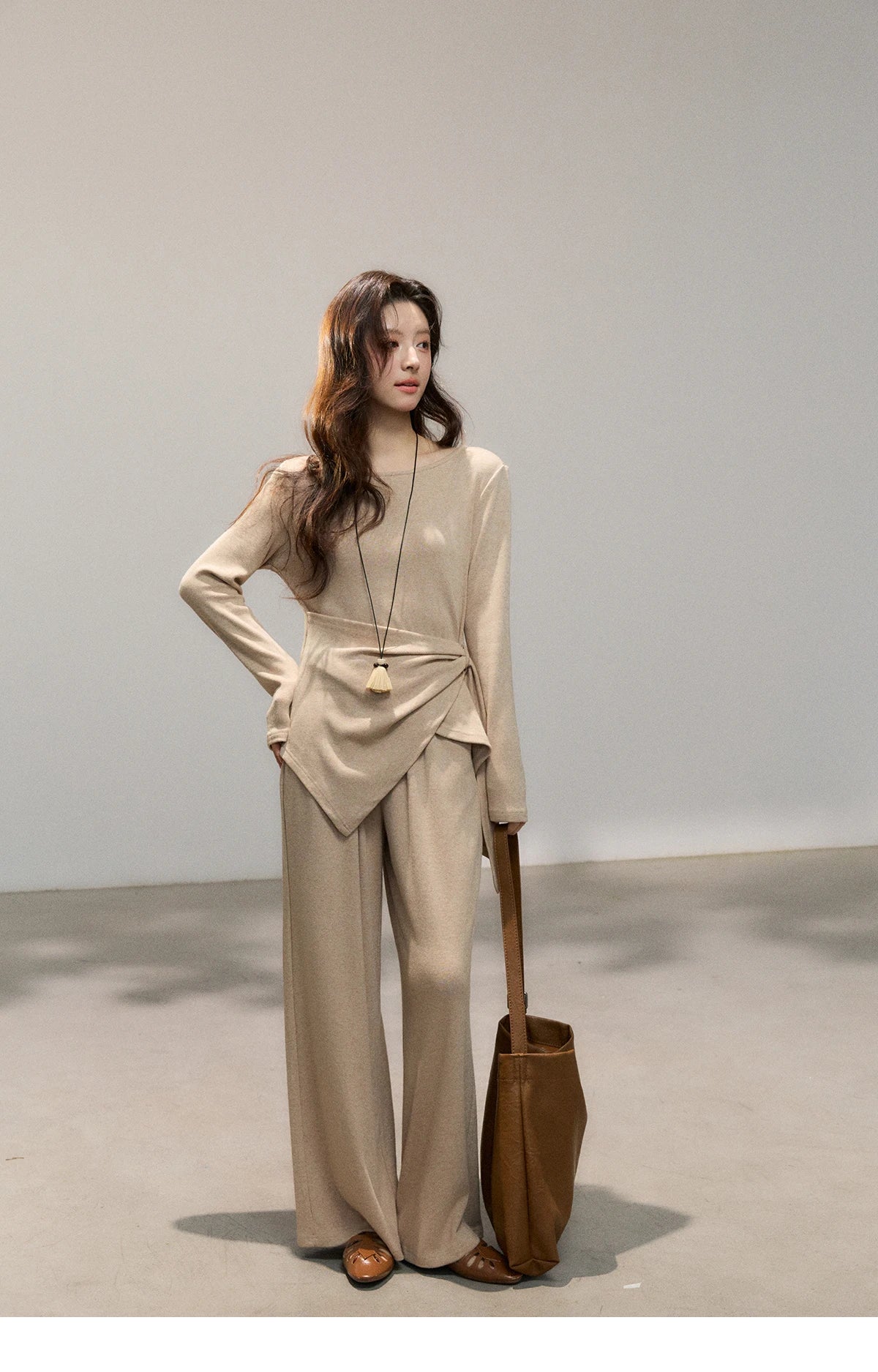 Mishow Khaki Asymmetrical Hem Top & Wide Leg Pants Set MXF11T1465