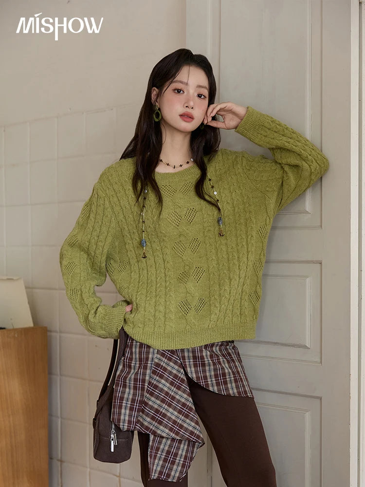 Mishow Green Retro Twisted Rope Hollow Pullover MXE49Z2520