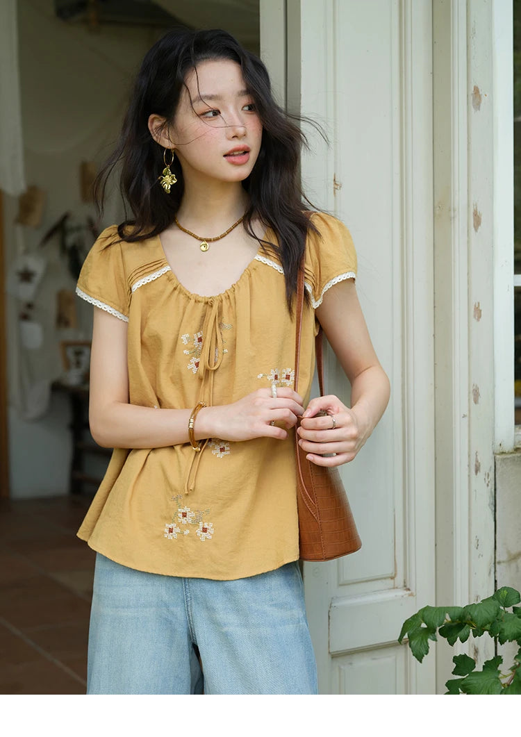 MISHOW Embroidery Flower Blouse O-Neck Lace Up Flying Sleeve MXE39X1880