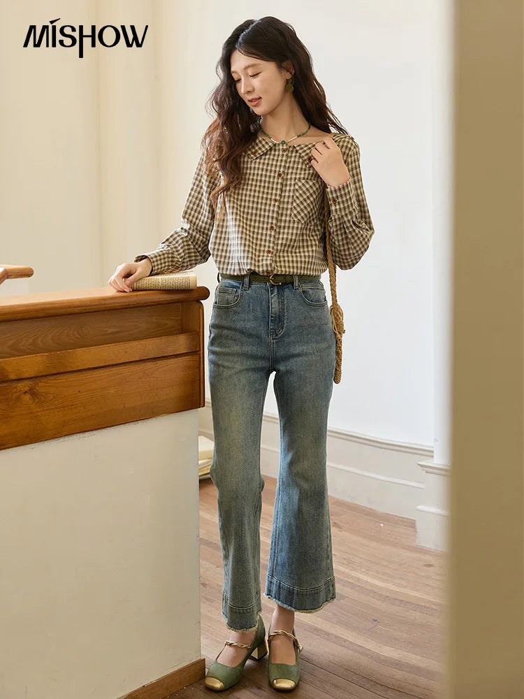 MISHOW Plaid Shirt Side Slit Pockets with Belt MXE44X2469