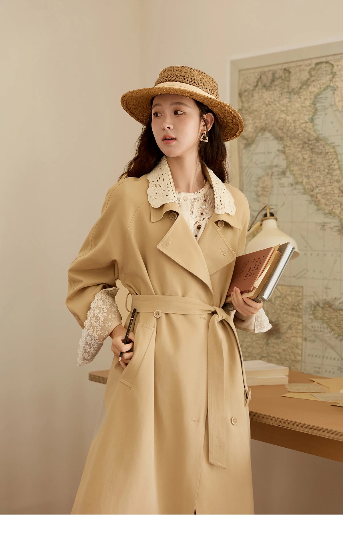 Mishow Light Khaki Lace Long Trench Coat MXE45W0830