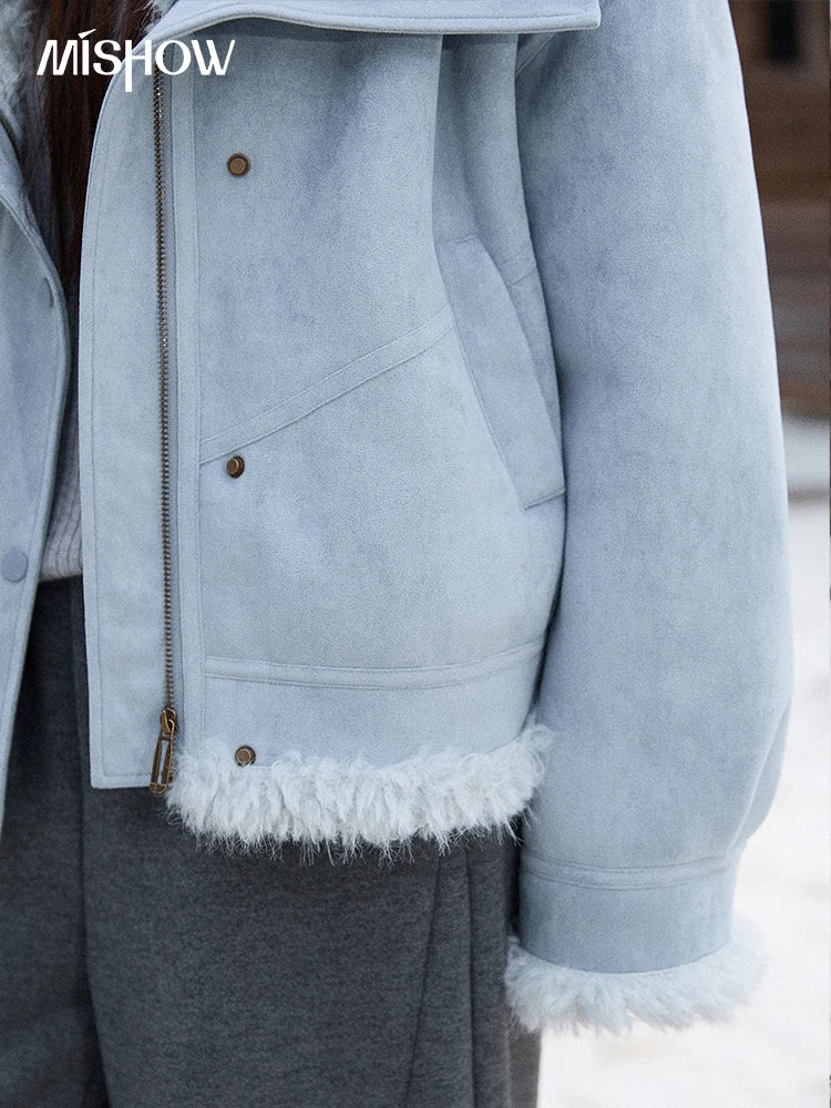 MISHOW Blue Plush Jacket Turn-Down Collar Zip-Up Loose MXE87W0917
